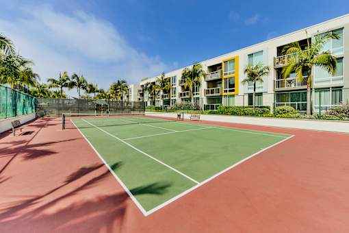 A tennis court is surrounded by a green fence and palm trees at Marina Harbor, California, 90292