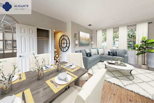 A modern dining room with a wooden table set for two at Mission Hills, Camarillo, 93012