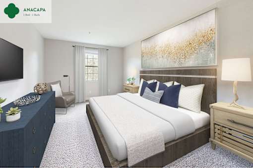A bedroom with a large bed, a flat screen TV, and a painting on the wall at Mission Hills, Camarillo, 93012