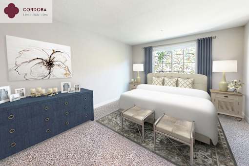 A bedroom with a large bed, a dresser, and a painting of a flower at Mission Hills, Camarillo, 93012