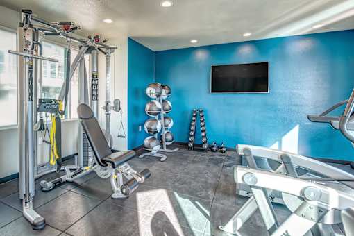 A blue gym with a television on the wall.