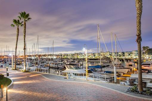 A marina at dusk with boats docked and palm trees at Esprit Marina del Rey, 90292