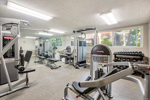 a gym with cardio equipment and weights on the floor at Casa Granada, Los Angeles, 90049