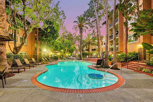 the swimming pool at night at the apartments for rent at Casa Granada, Los Angeles, 90049