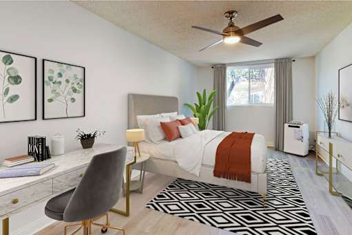 a bedroom with a bed and a ceiling fan at Casa Granada, California, 90049
