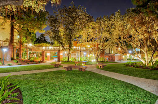 a park with benches and grass and trees at night at The Meadows Apartments, California, 90230