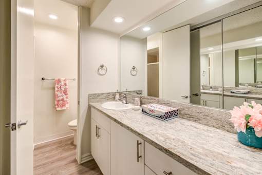 a bathroom with a sink and a mirror  at Rancho Los Feliz, Los Angeles, California