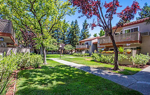 a walkway between two apartment buildings with trees and grass at Valley Plaza Villages, Pleasanton
