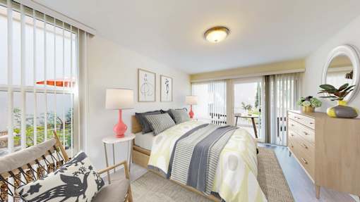 Two Bedroom Plan A - bedroom and balcony at West Park Village Apartment Homes  at West Park Village, Los Angeles, CA