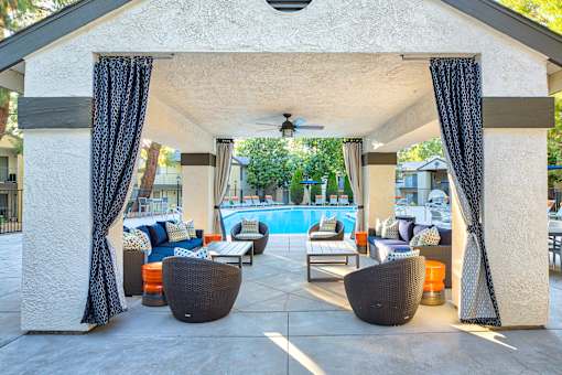 A patio with a pool and furniture.