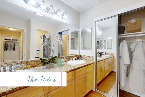 A bathroom with a counter top and a mirror at Marina Harbor, California, 90292