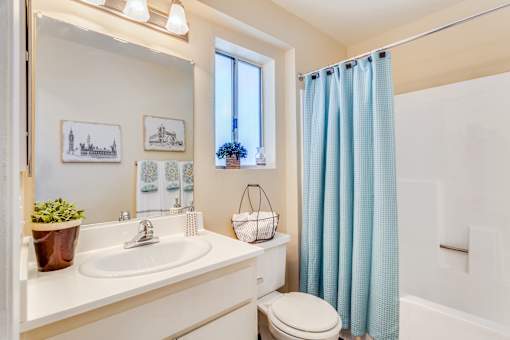A bathroom with a white sink, toilet, and blue shower curtain.
