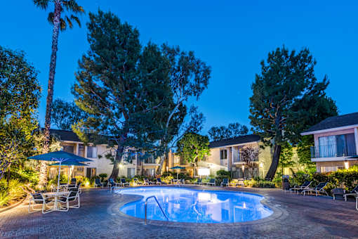 Year-round resort-style heated pool at Village Pointe Apartments, California