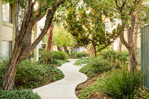 Lush landscaping at Village Pointe Apartments, California