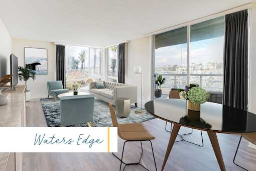 A modern living room with a view of the cityscape at Marina Harbor, California, 90292