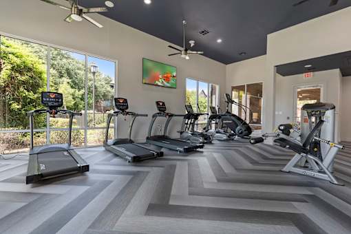 Gym treadmills, elliptical machines, and fans to keep cool at Asheville at Spring Branch apartments in Houston, TX.