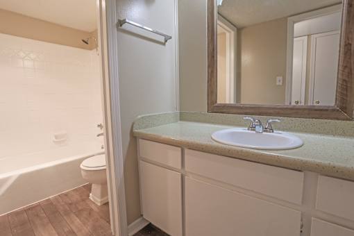 A bathroom with a sink, mirror, toilet, and bathtub at The Creole Apartments in Shreveport, LA