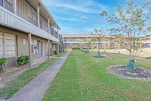 A sunny day at an apartment complex with a clear blue sky and a wide grassy field with young trees at The Creole Apartments in Shreveport, LA