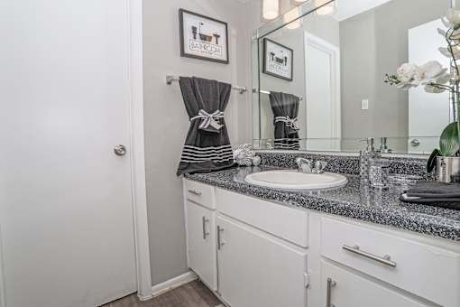 Model bathroom with a sink, mirror, and a framed picture on the wall at Maplewood apartments in Shreveport, LA.