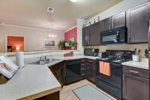 Kitchen with Black GE Appliances at Patriot Park Apartment Homes in Fayetteville, NC,28311