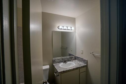 A bathroom with a sink, mirror, and toilet.