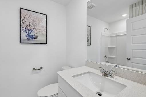 A bathroom with a white sink and a framed picture of a tree on the wall.
