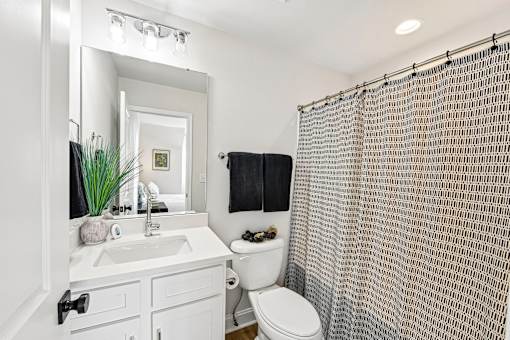 A bathroom with a white sink, toilet, and a shower curtain.