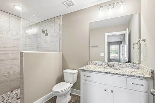 A bathroom with a marble countertop and a walk-in shower.