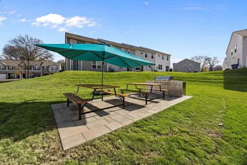A picnic area with a green canopy and benches is set in a grassy area.