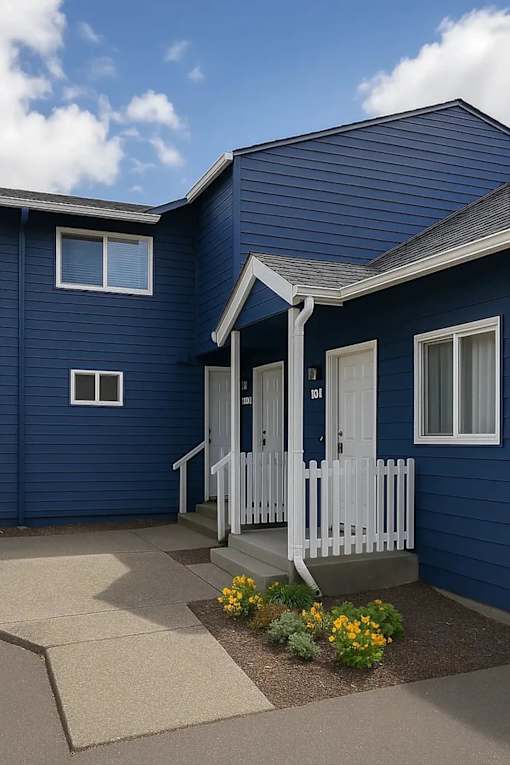 A blue house with a white picket fence and a flower bed in front.
