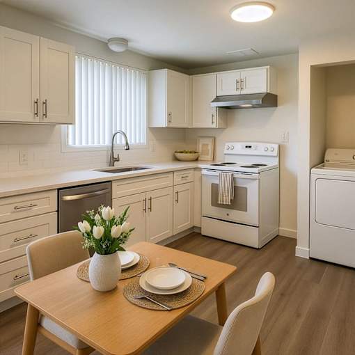 A kitchen with a table set for two with a vase of white flowers.