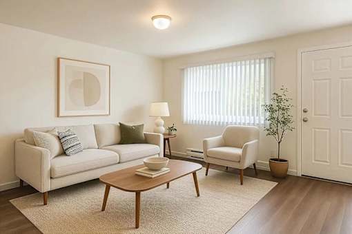 A living room with a couch, chair, and coffee table.