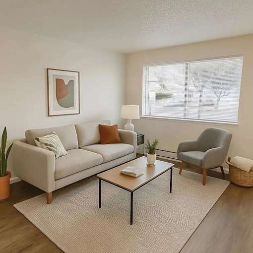 A living room with a grey sofa, a grey armchair, a wooden coffee table, and a large window with blinds.