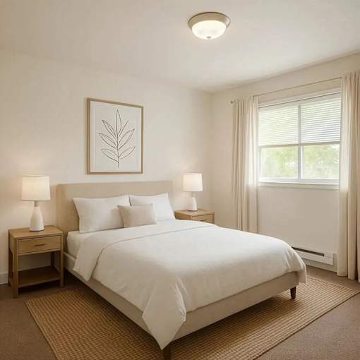 A bedroom with a large bed and two lamps.