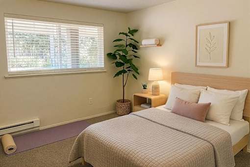 A bedroom with a bed, nightstand, and a plant.