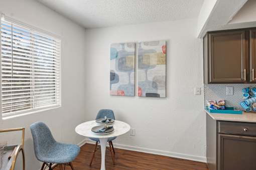 Breakfast nook with modern dining table at Skyline at Barton Creek Apartments, Austin, TX