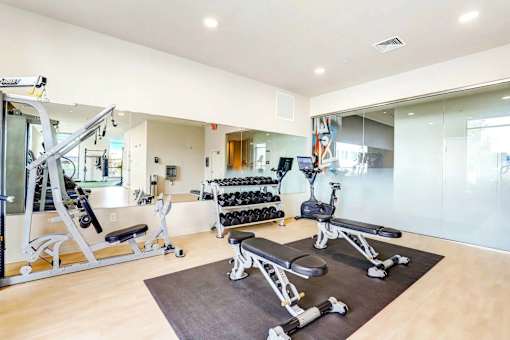 A spacious home gym with a variety of equipment including a treadmill, weights, and a bench press.