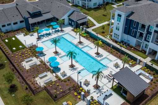 A large swimming pool surrounded by palm trees and lounge chairs.