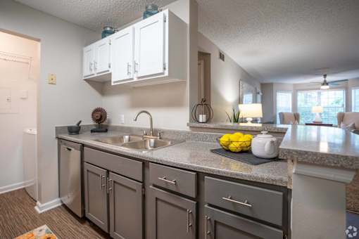 A kitchen with a sink and a counter.