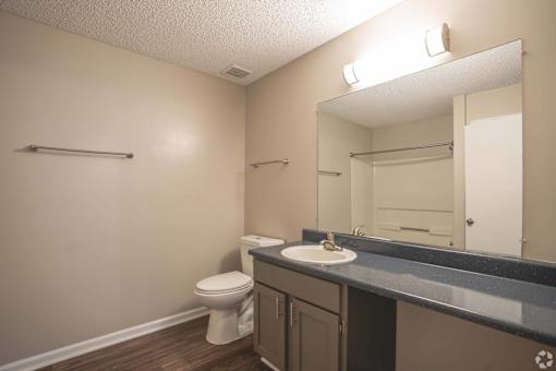 A bathroom with a toilet, sink, and mirror.