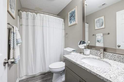 A bathroom with a toilet, sink, and shower curtain.