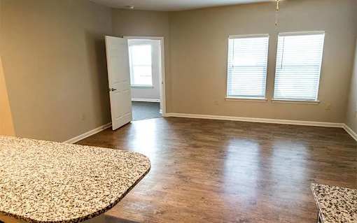 A room with a rug on the floor and a doorway leading to another room.