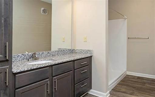 A bathroom with a sink, mirror, and wooden cabinets.