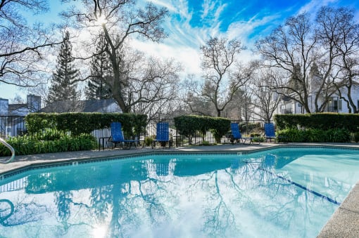 a swimming pool with blue chairs and trees in the background