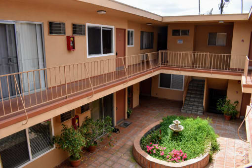View from the second floor landing of the courtyard below