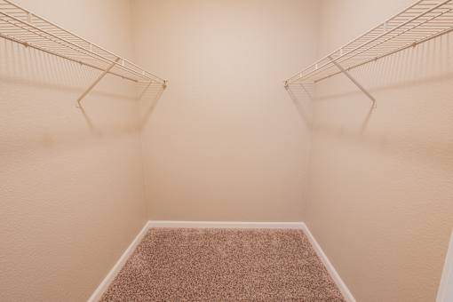 a spacious closet in a bedroom with a carpeted floor and a hanging rack