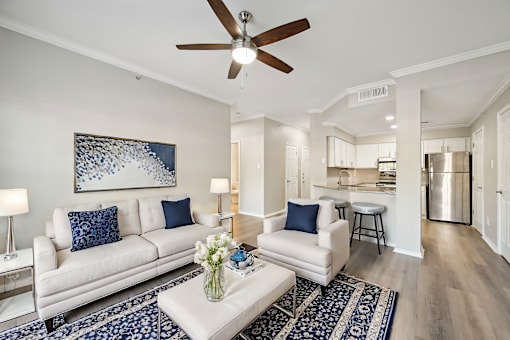 A living room with a white couch and a blue and white rug.