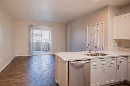 A kitchen with white cabinets and a stainless steel dishwasher.