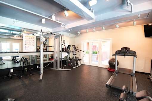 A gym with a variety of equipment including a treadmill, weights, and a bench press.