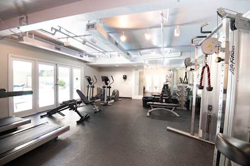A gym with a variety of equipment including a squat rack, bench, and weights.